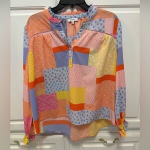 Fate Ruffle Cuff Balloon Sleeve Relaxed Multicolored Patchwork Top Size Large